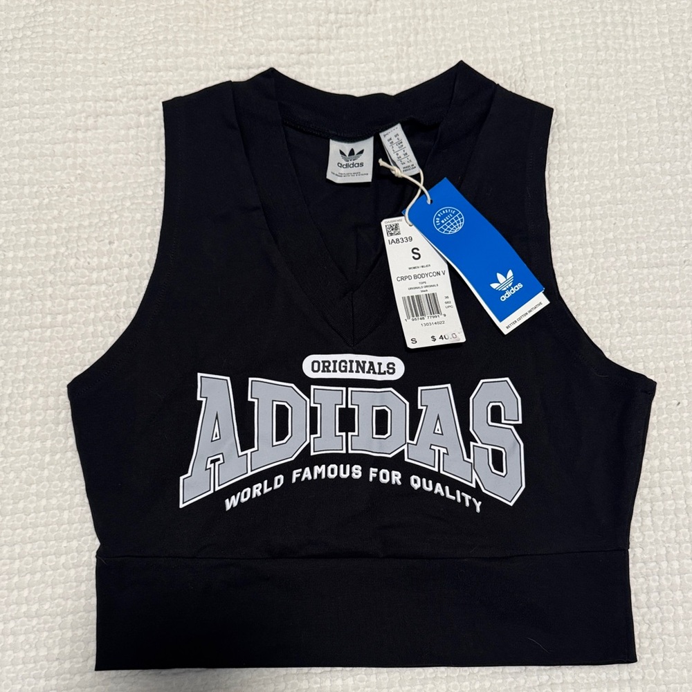 adidas Black Cropped V‑Neck Tank with Gray Logo